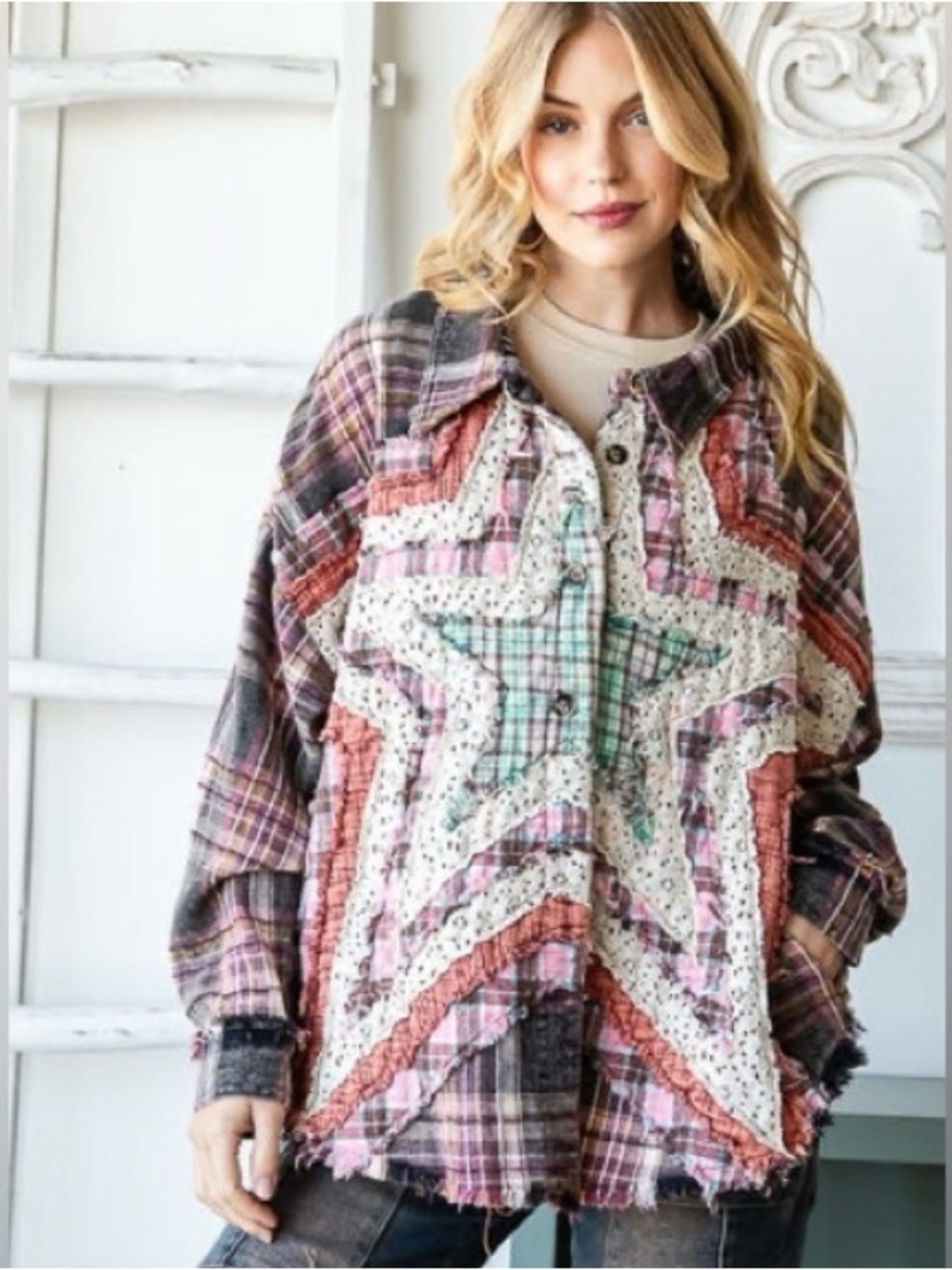 Oli & Hali Plaid Patchwork Star Shacket - Pink, Rust, Cream, Teal